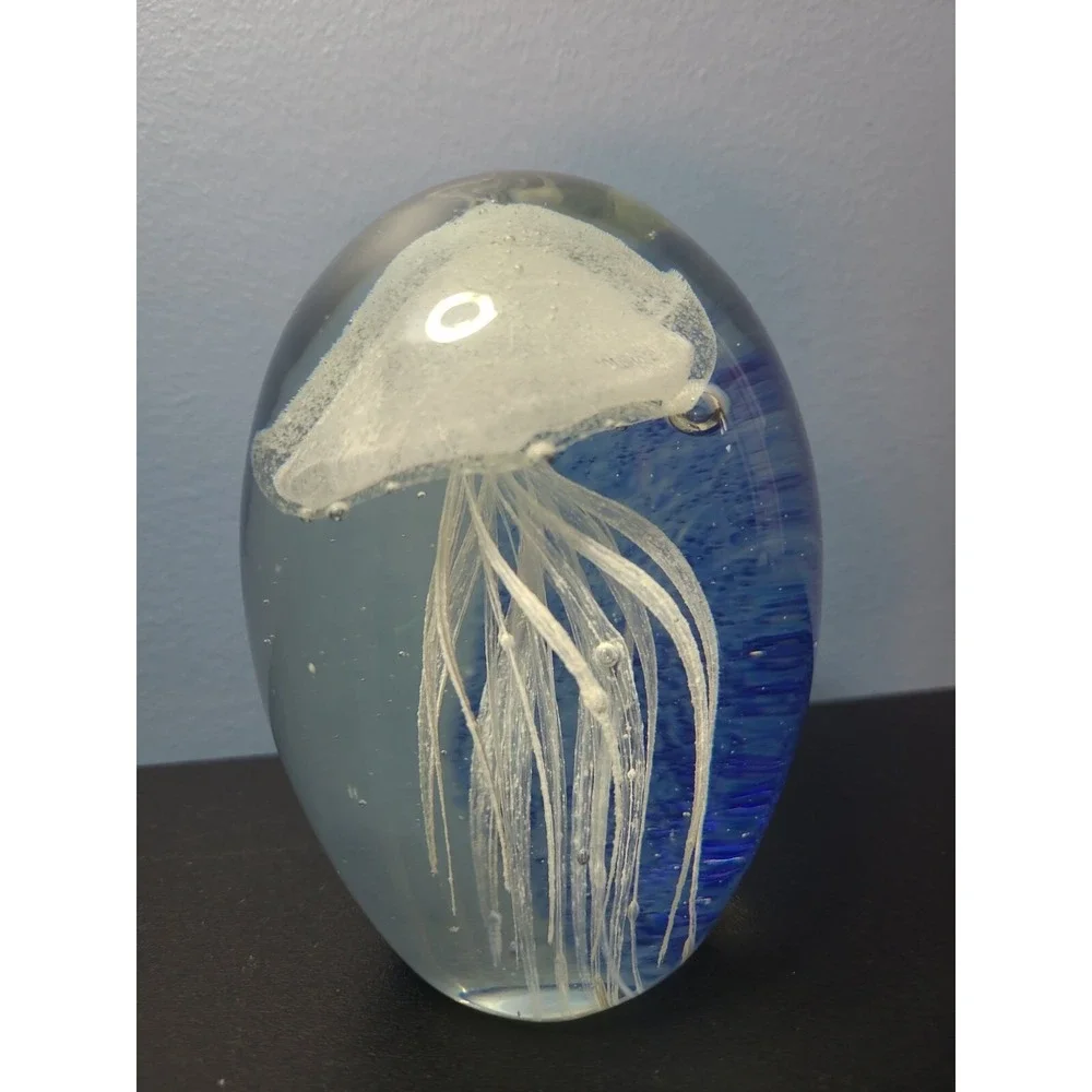 Jellyfish Paperweight, White, Glow In The Dark, With Blue Background, 4.5